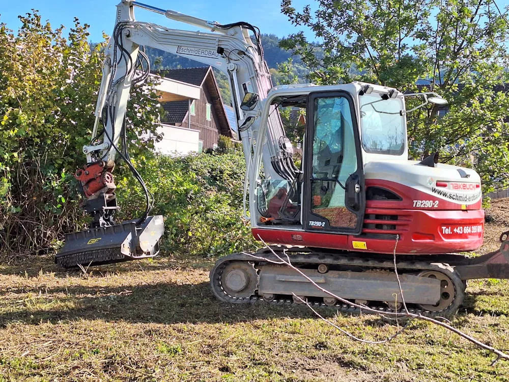 Bewuchsbefreiung mit unserem Bagger, Erdbau Leiblachtal, Schmid Erdbau