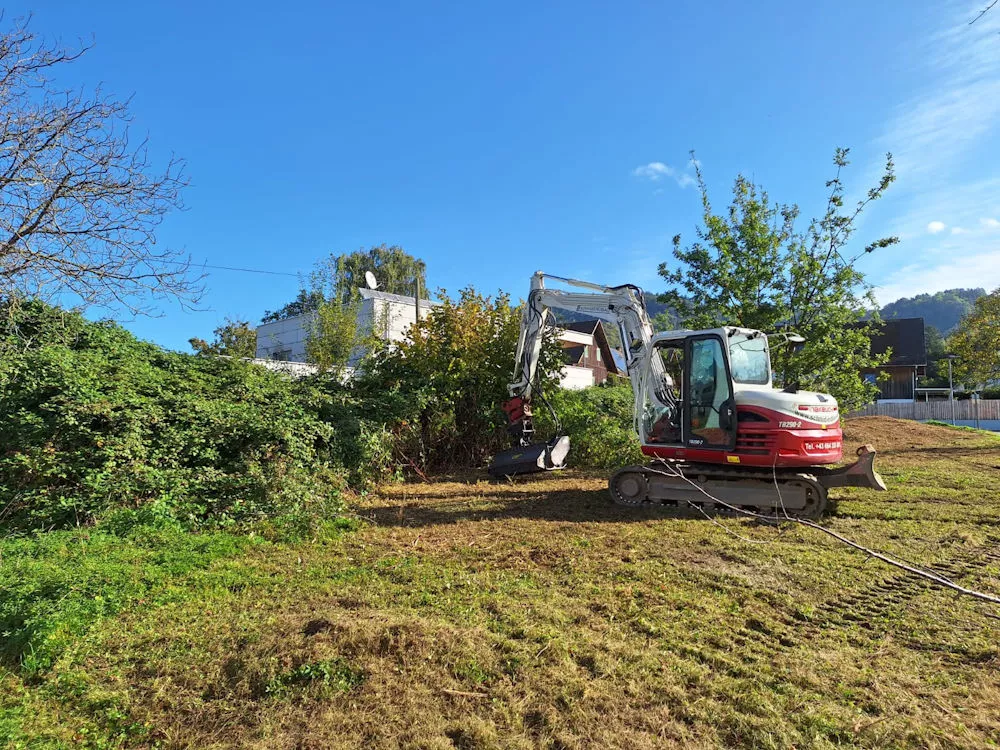 Bewuchsbefreiung mit unserem Bagger, Erdbau Leiblachtal, Schmid Erdbau